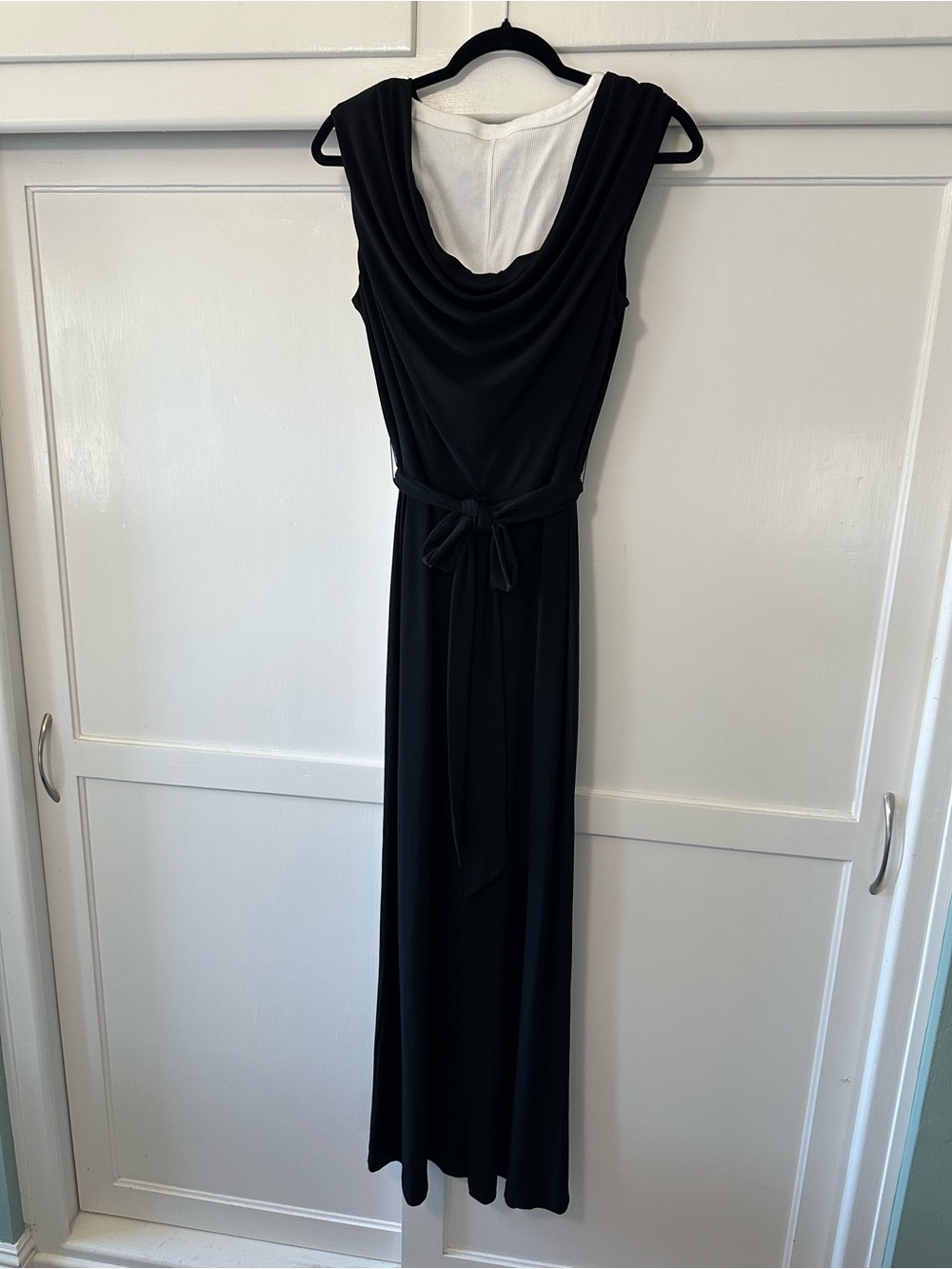 Sleeveless Black Cowl Neck Jumpsuit with Waist Tie, 30 inch inseam.
